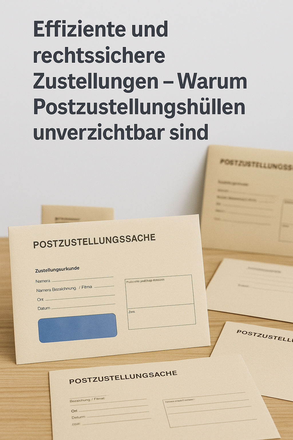 Postzustellungshüllen mit Fenster auf einem Holztisch – für rechtssichere und effiziente Dokumentenzustellung